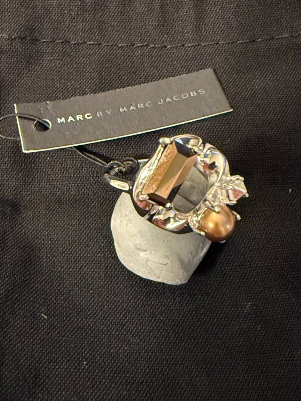 Marc by Marc Jacobs Silver Embellished Large Statement Ring Pearl Crystal Sz 7 N
